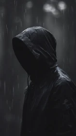 Hooded figure in the rain inviting quiet midnight reflection.