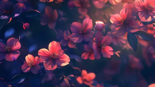 Crimson Petals Waltz Through Twilight's Glowing Dreamscape
