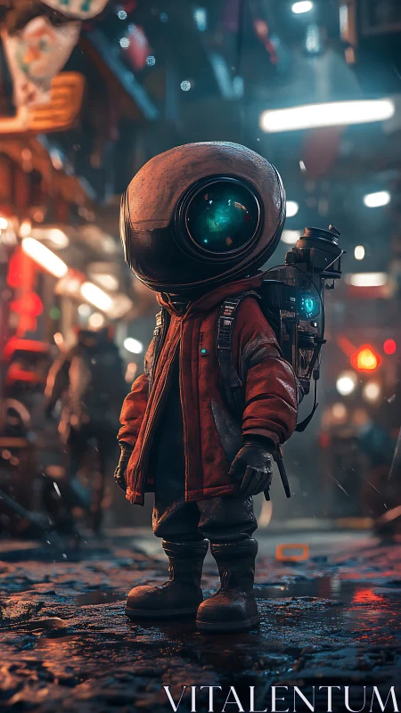 Child astronaut in neon alleyway rendered as cinematic 3D