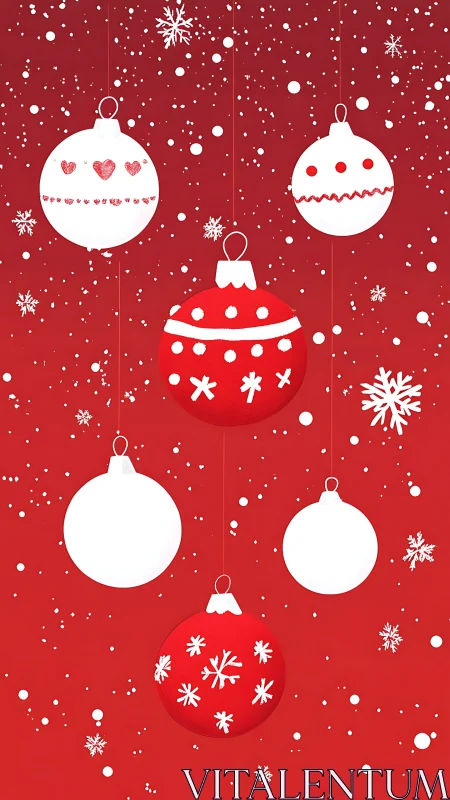 Crimson snow globe of hanging holiday baubles in mid-sparkle.