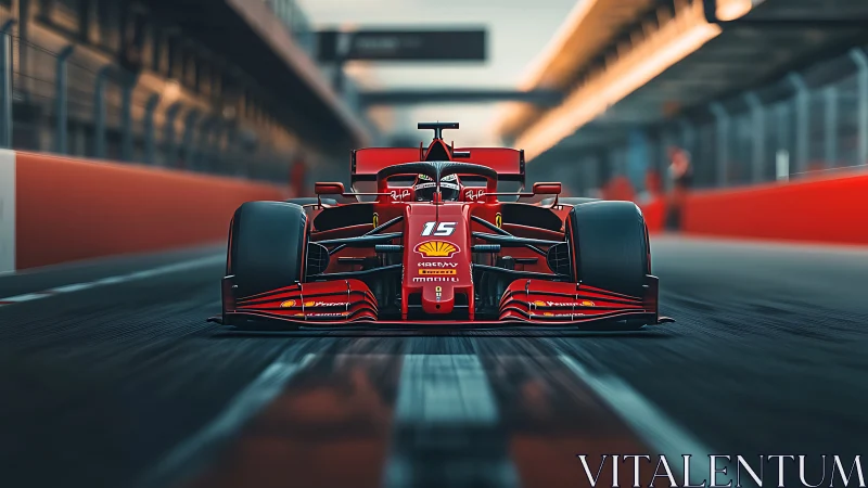 Scarlet speed machine charges down the empty pit lane.