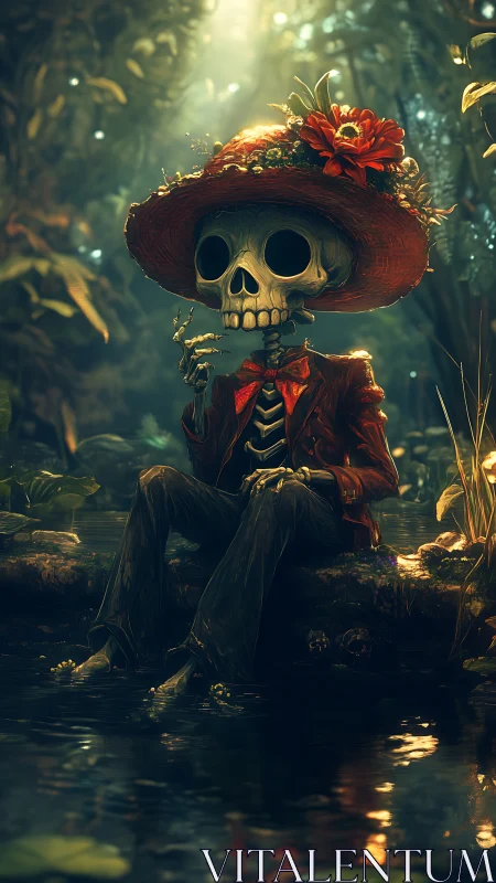 Skeleton in red suit and flowered hat sits beside forest pond