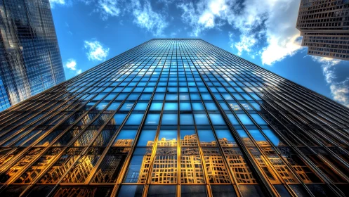 Glass skyscraper facade with golden city reflections at dusk.