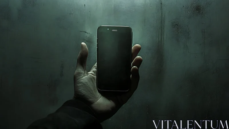 Shadowed hand raises smartphone in moody green lightscape