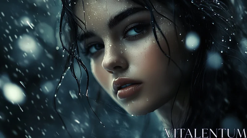 Rainlit gaze of a quiet dreamer in a silver storm.