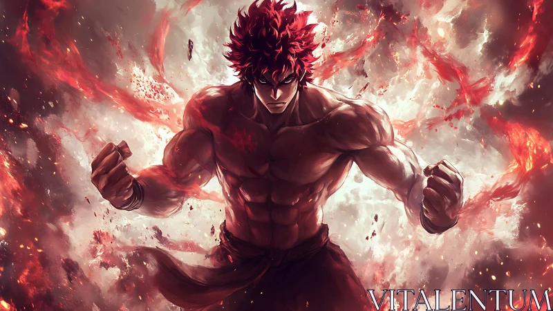 Flaming warrior erupting with power in explosive inferno.