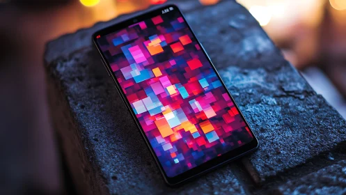 Smartphone displaying colorful pixelated geometric pattern on surface