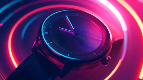 Modern wristwatch with neon lighting, futuristic style and bold colors.