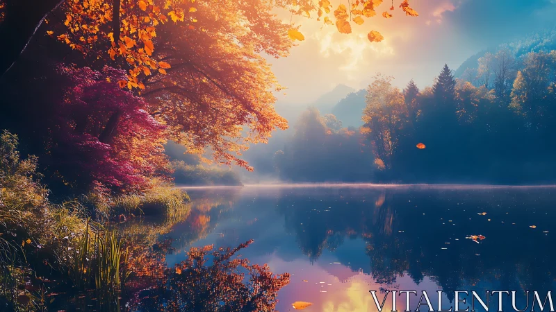 Radiant autumnal lakeside under volumetric sunrise lighting.