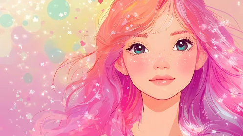 Vibrant pastel anime girl with glowing freckled face.