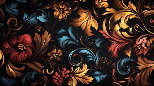 Ornate floral scrollwork glows against a deep noir backdrop