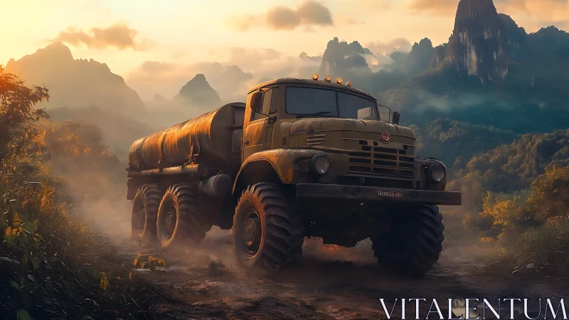 Heavy military tanker climbs muddy trail in misty mountain pass