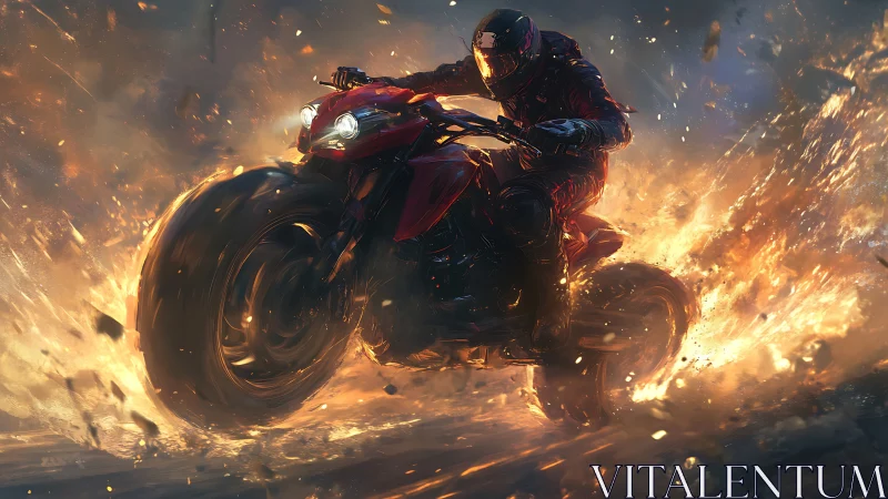 Motorcyclist rides through explosive firestorm in night scene.