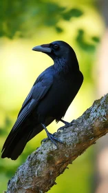 Iridescent Crow Perched on Lichen-Covered Branch.