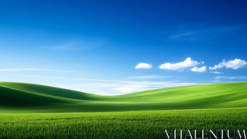 Sunlit green hills curve under deep blue midday sky