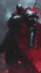 Armored dark knight stands in red mist and heavy shadow