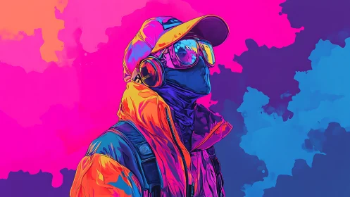 Neon-clad urban explorer in vivid pink and blue haze.