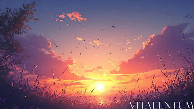 Golden coastal sunset illuminates wild grass silhouette