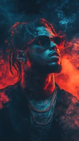 Cinematic neon portrait isolates tattooed subject in bicolor smoke