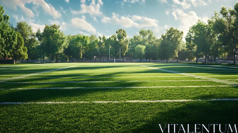 Sunlit football field shows marked turf and surrounding trees
