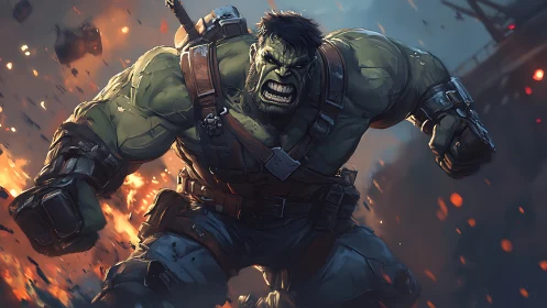 Armored green humanoid in forward motion amid explosions.