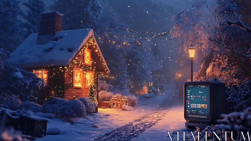 Snowy winter cottage street with glowing smart kiosk at dusk