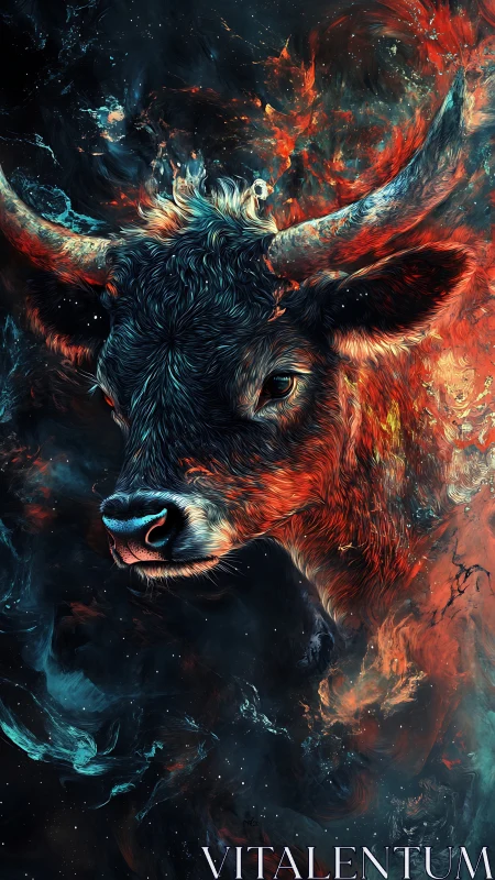 Celestial bull portrait immersed in fiery cosmic nebula.
