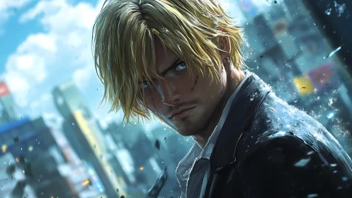 Blond anime antihero stares through rain in neon cityscape.