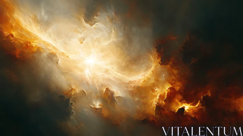 Stellar firestorm nebula swirling through dark cosmos.