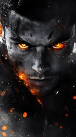 Smoldering gaze of the ember-forged warrior in shadowed dusk.