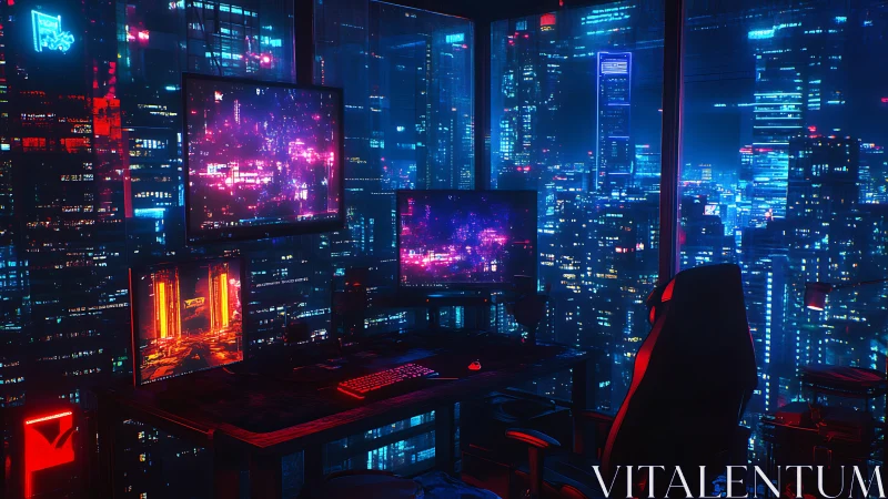 Cyberpunk command workstation over neon-drenched megacity skyline.