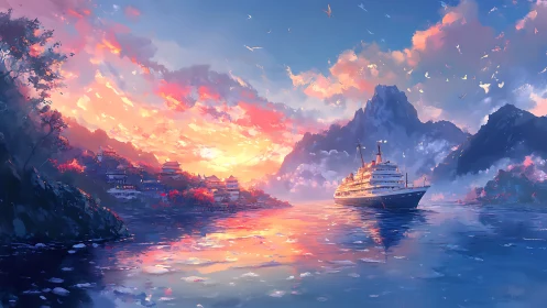 Sunset cruise slips between cloudlit peaks and misty temples.