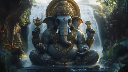 Digital painting of ganesha sculpture before cascading falls.