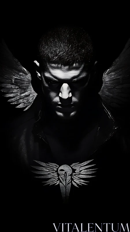 Winged dark portrait with high-contrast chiaroscuro lighting.