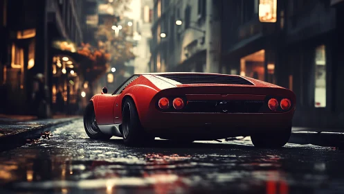 Red classic sports car on wet city street at dusk.