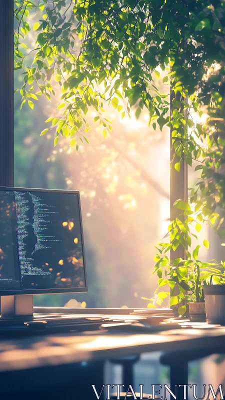 Sunlit programmer desk merges code workspace with greenery