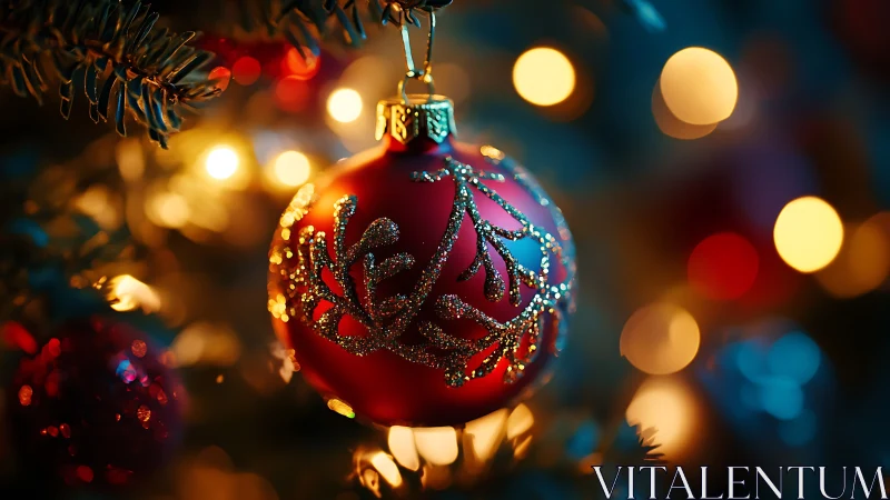 Red Christmas bauble hangs on tree with glitter details