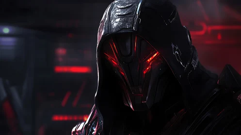 Crimson eyed cyber warrior leans from the shadows in silence