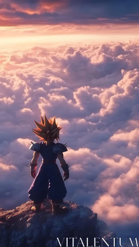 Spiky-haired figure stands on cliff edge above dense cloud field