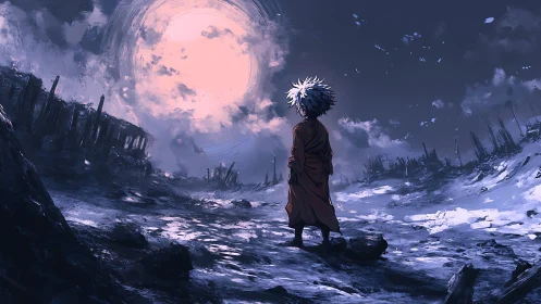 Lone robed figure under oversized moon in icy postwar wasteland
