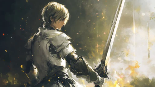 Digital painting of armored swordsman in luminous battlefield haze.