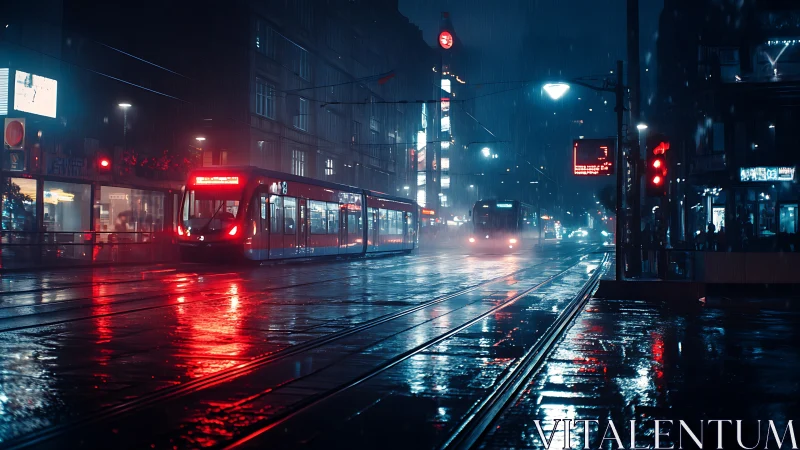 Midnight trams gliding through rain lit by city neon glow.