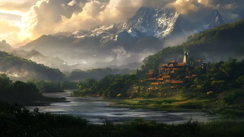 Mountain monastery complex in misty river valley at sunrise.