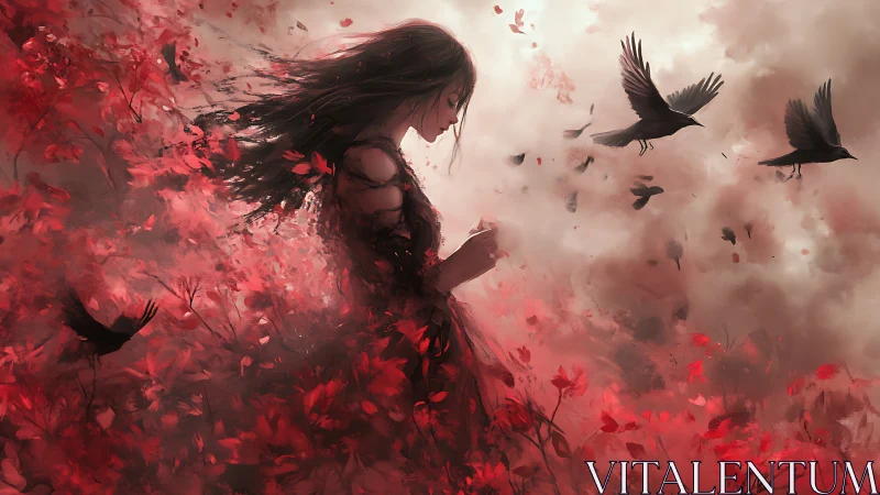 Solitary woman amid crimson petals and circling crows.