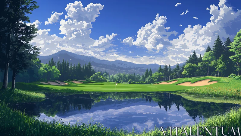 Sky-mirrored mountain golf green wrapped in luminous pines.