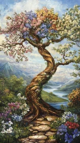 Whimsical four-season tree welcoming wanderers home.