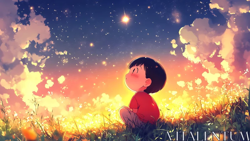 Child watches bright evening star over glowing meadow