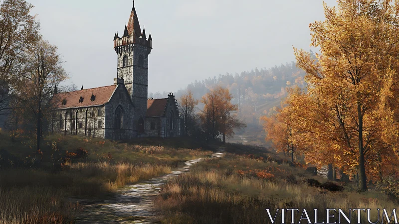 Gothic stone church tower in foggy autumn valley with volumetric light