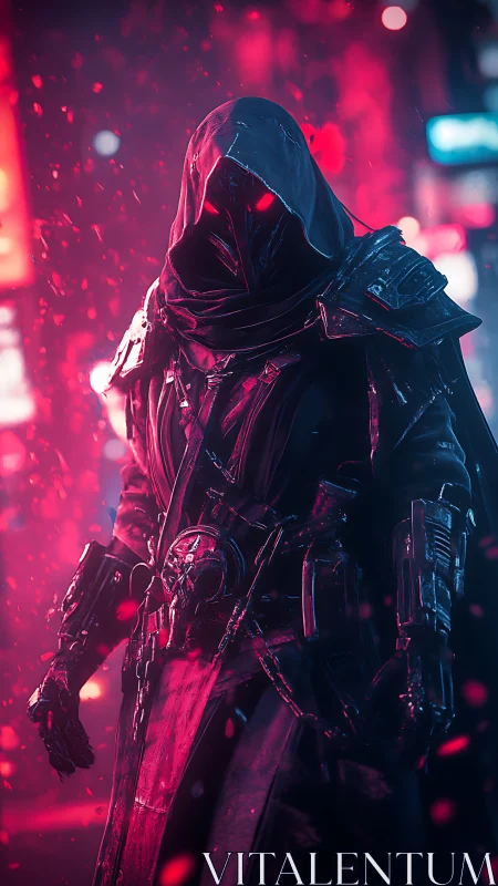 Cyberpunk cloaked enforcer in neon magenta snowfall alley