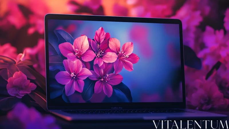 Laptop screen blooms into neon petals and digital springtime
